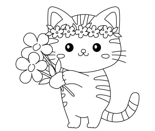 coloriage chat avec fleurs