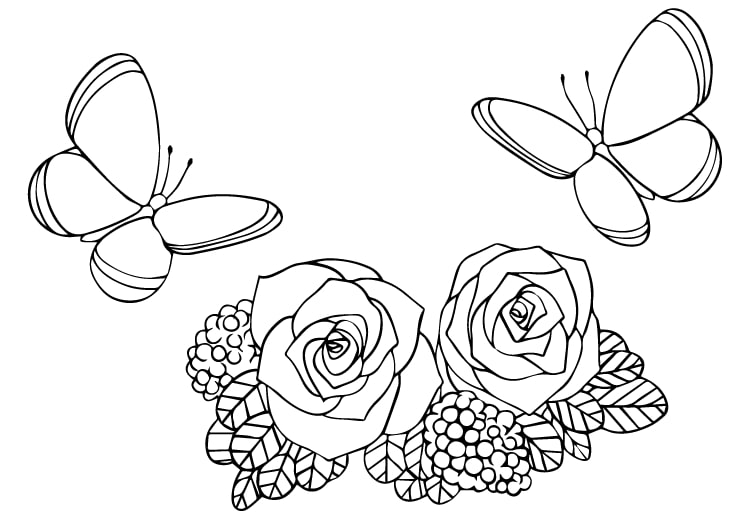 coloriage de fleurs de roses et papillons
